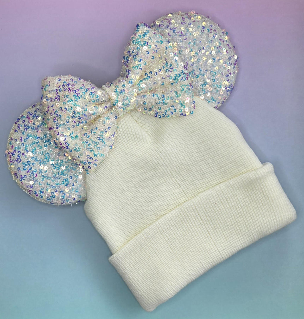 Cream sequin print mouse ears - Winter beanie hat
