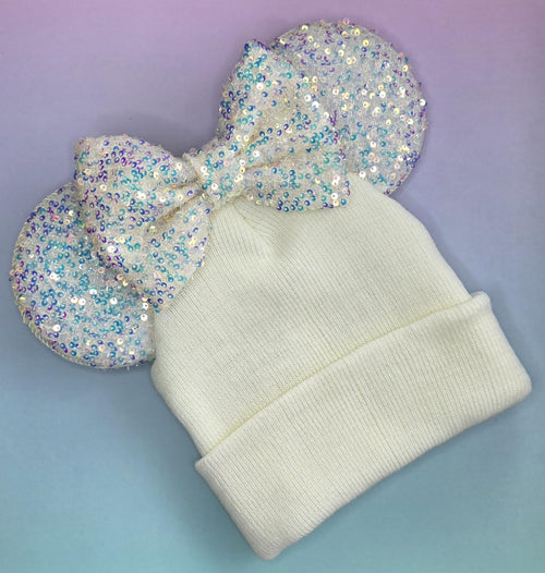 Cream sequin print mouse ears - Winter beanie hat