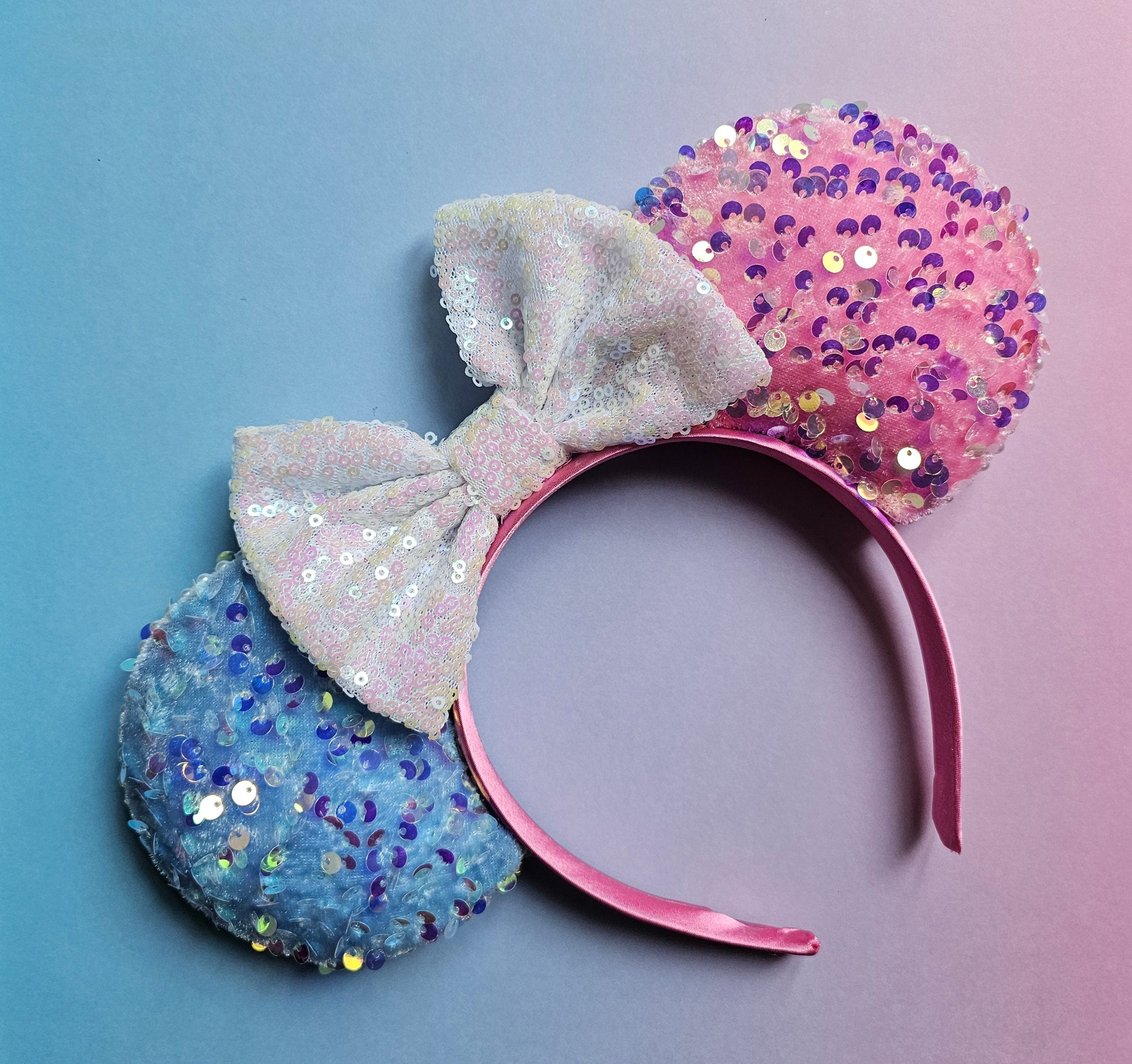 Make it pink/make it blue velour sequin - mouse ears headband