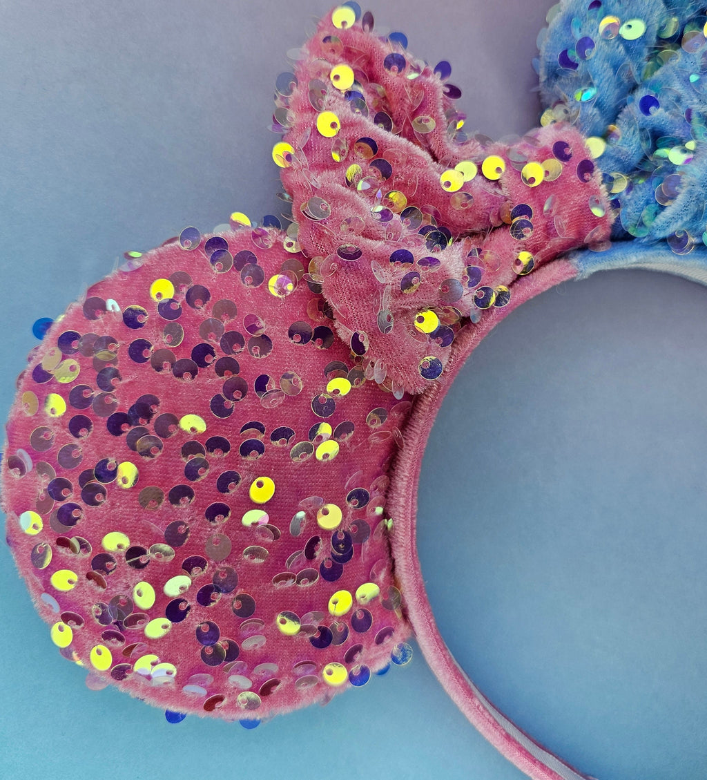 Make it pink/make it blue velour sequin - mouse ears headband