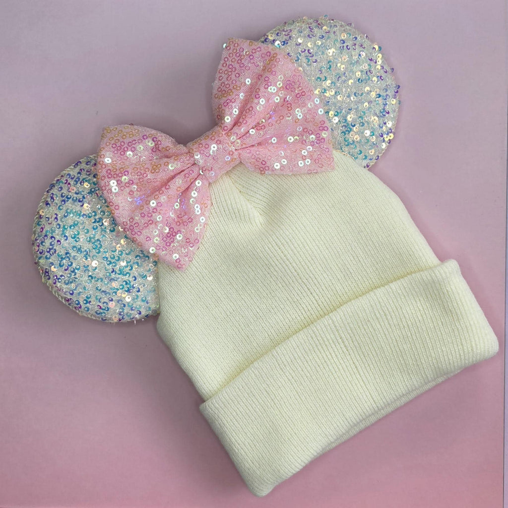 Cream sequin print mouse ears - Winter beanie hat