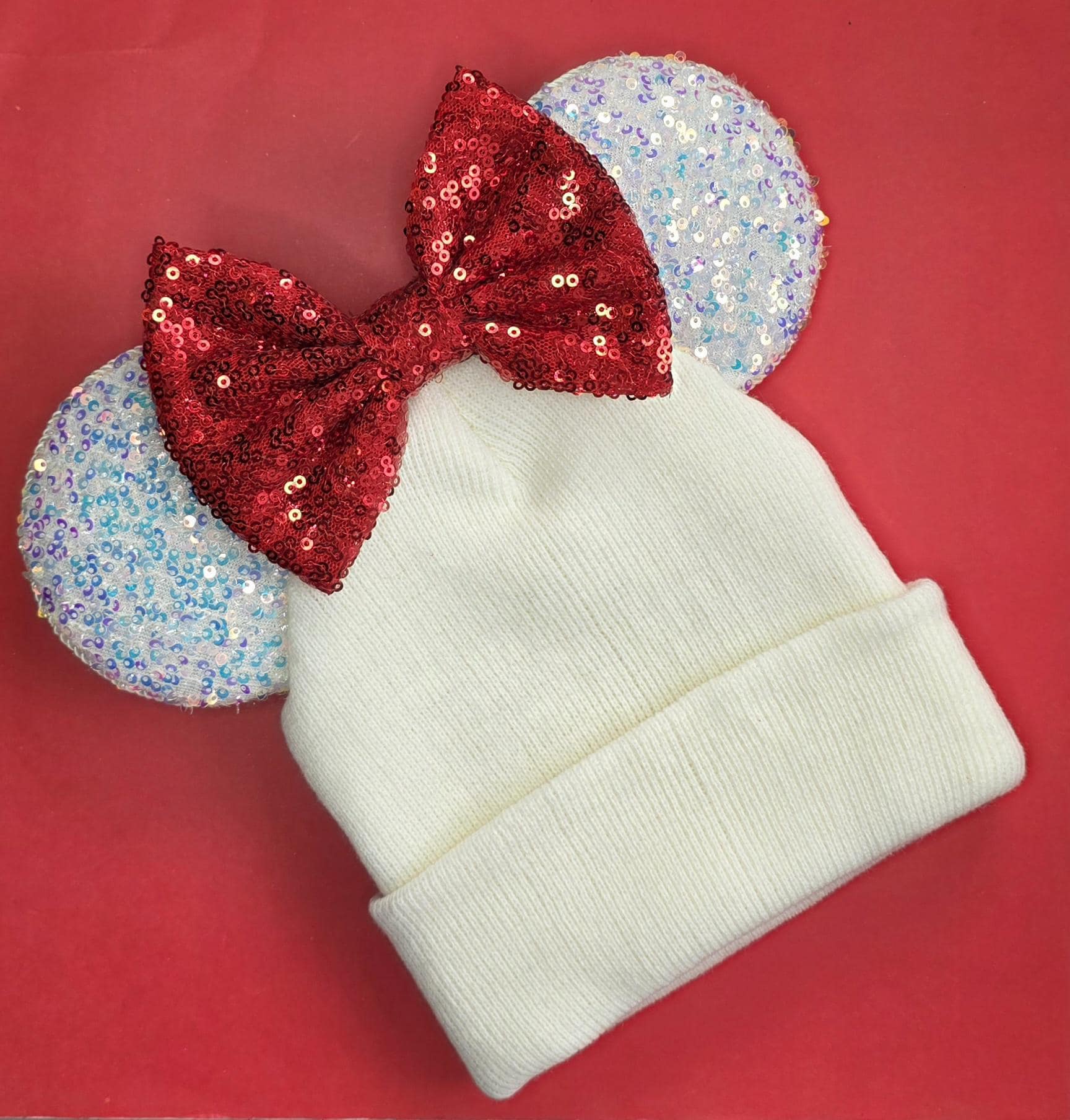 Cream sequin print mouse ears - Winter beanie hat