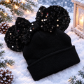 Black Sequin print mouse ears - Winter beanie hat