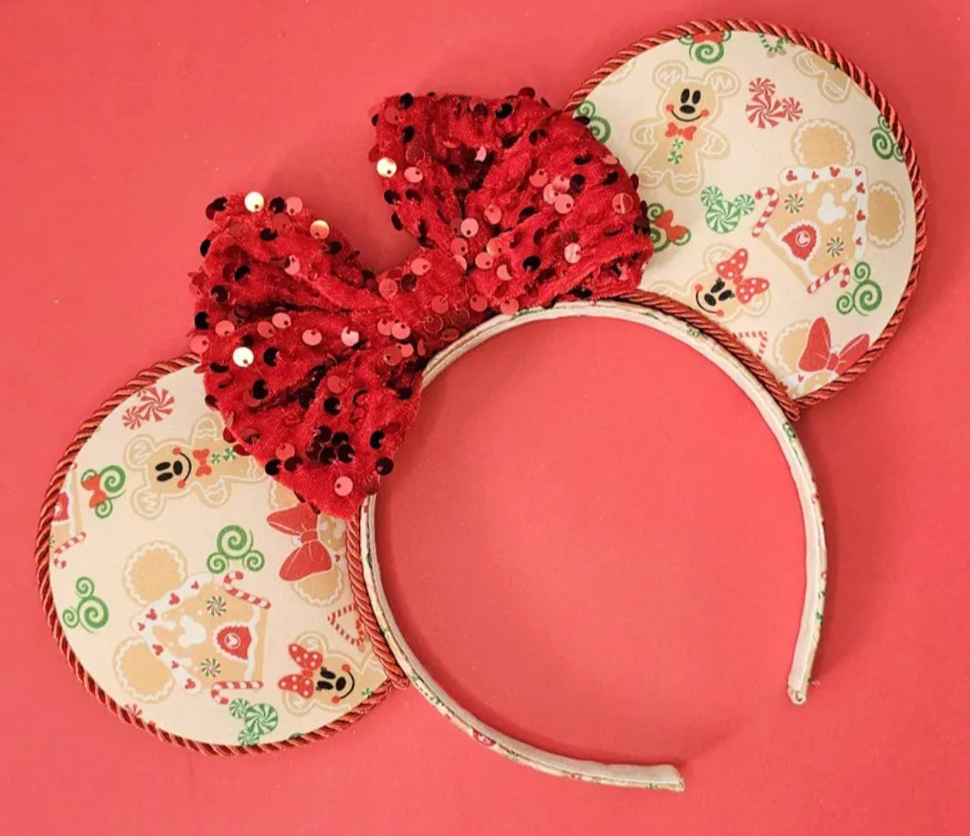 Christmas pink gingerbread print - mouse ears headband