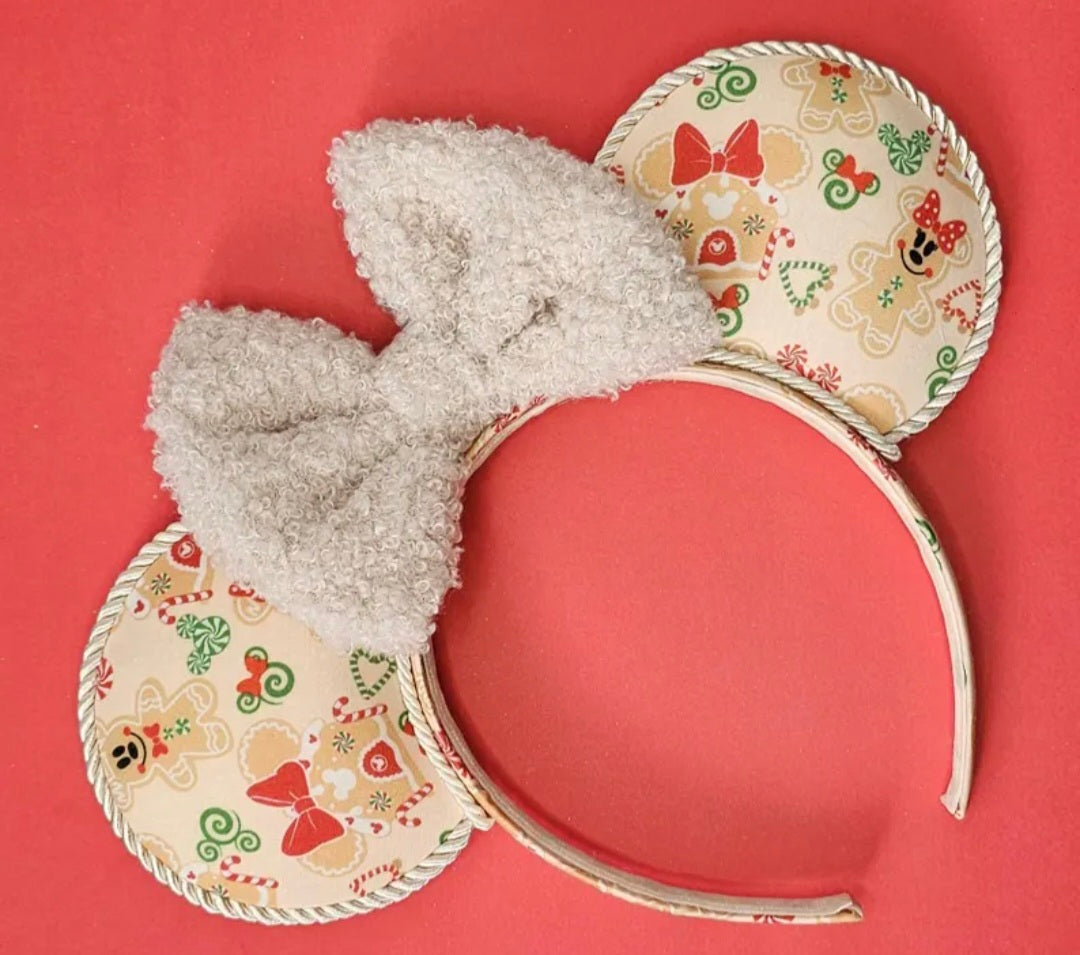 Christmas pink gingerbread print - mouse ears headband