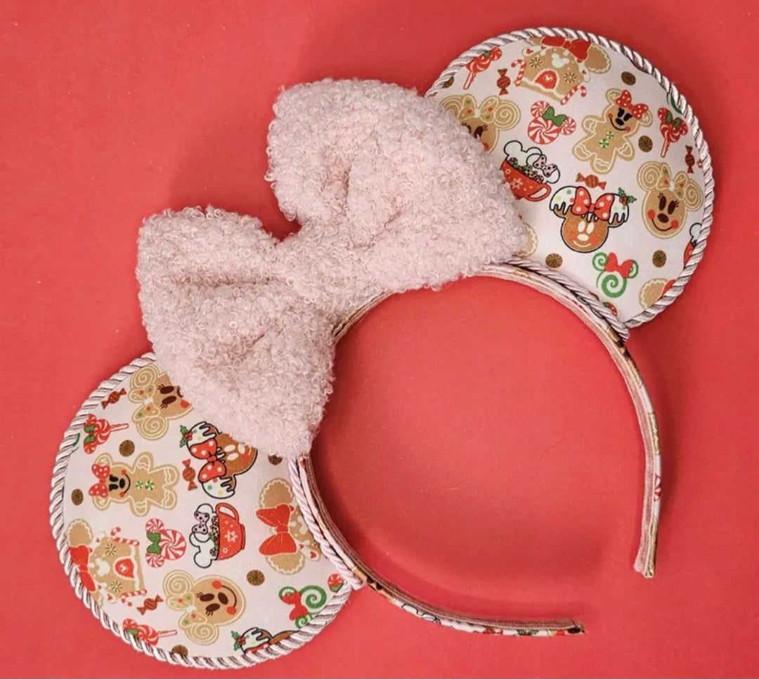 Christmas pink gingerbread print - mouse ears headband