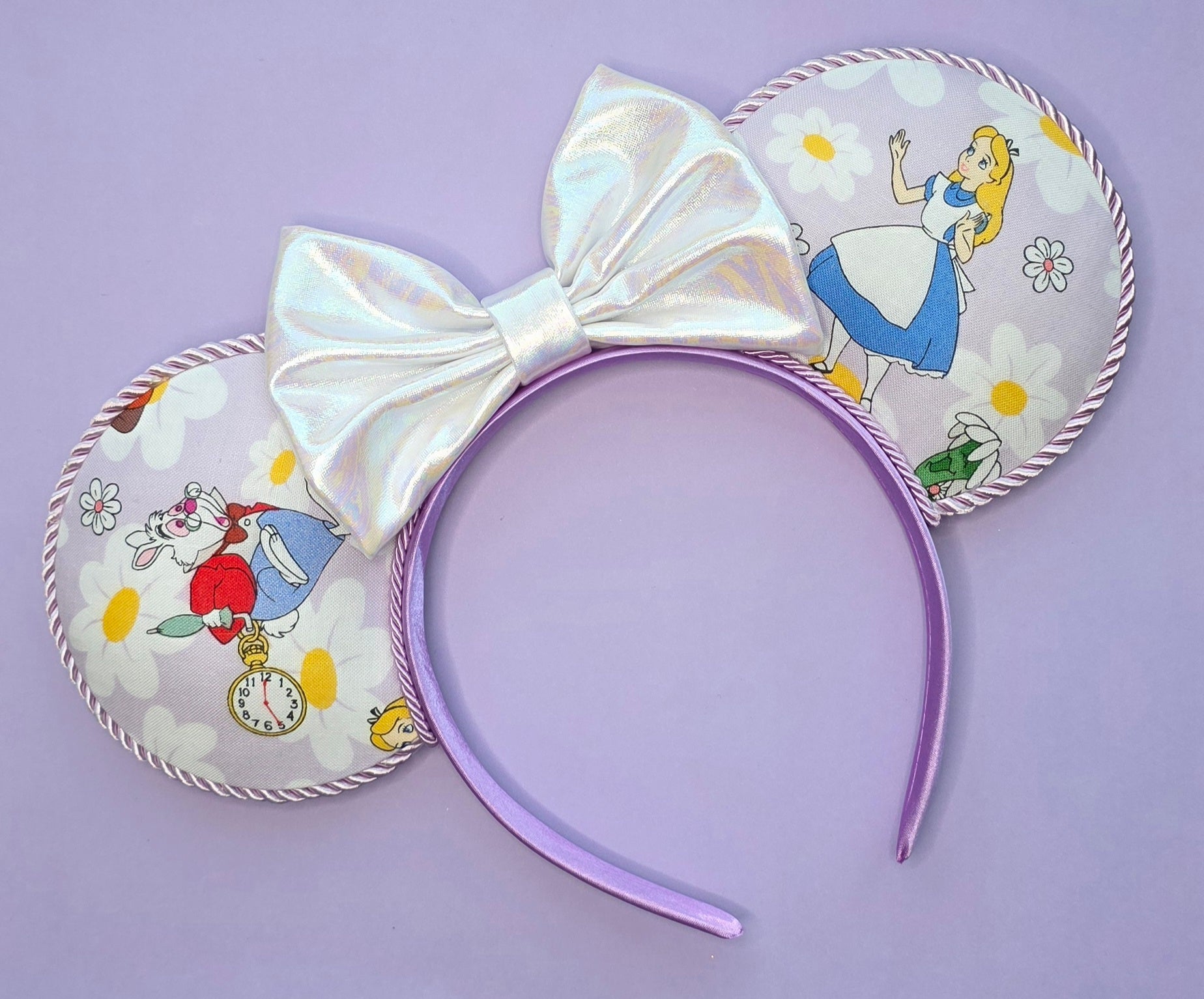 Alice in wonderland lilac print - mouse ears headband - ready to ship