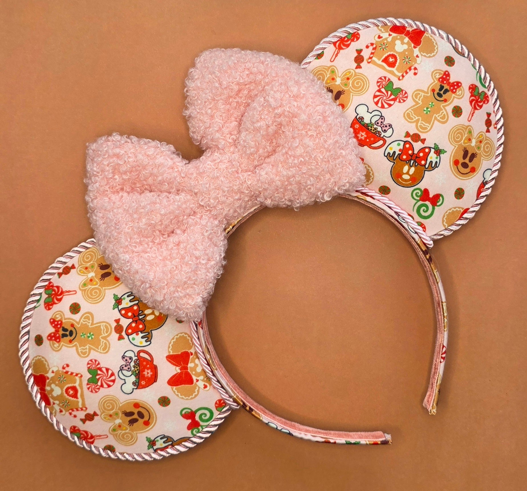 Christmas pink gingerbread print - mouse ears headband - ready to ship