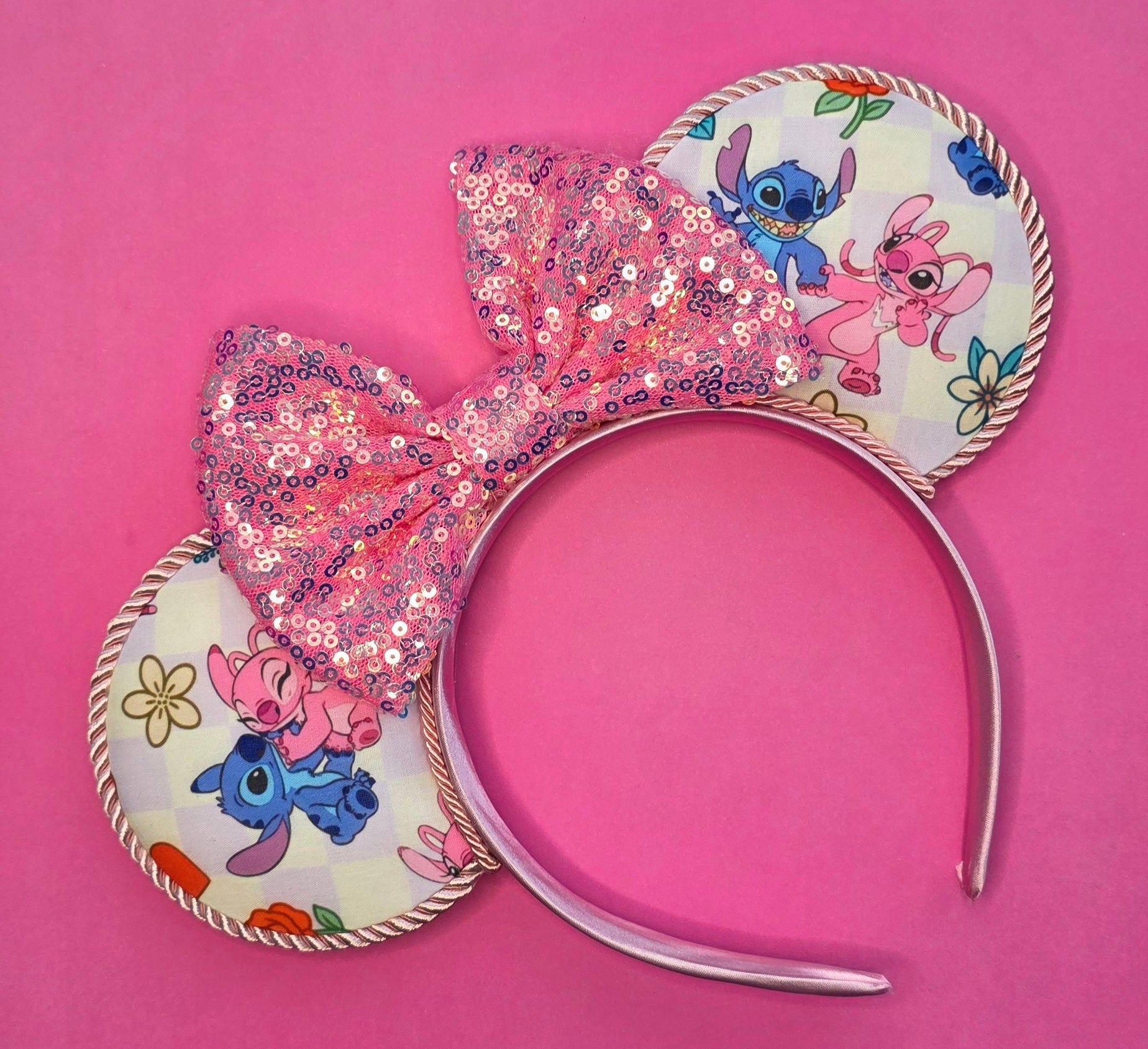 stitch & angel check print - mouse ears - ready to ship